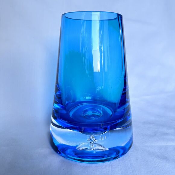 Krosno Poland Art Glass Tapered Turquoise Vase With Clear Bottom and Bubble 7 in - Picture 1 of 3
